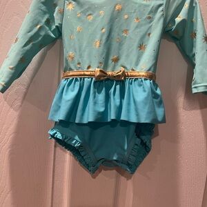 Ruffle Butts Disney jasmine Aqua & Gold Star Long Sleeve One-Piece Swimsuit